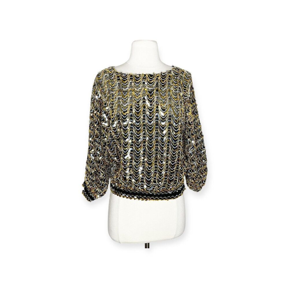 Vintage 80s Three Flaggs XS Sequin Top Black Gold Flashy Dolman Blouse Stretch